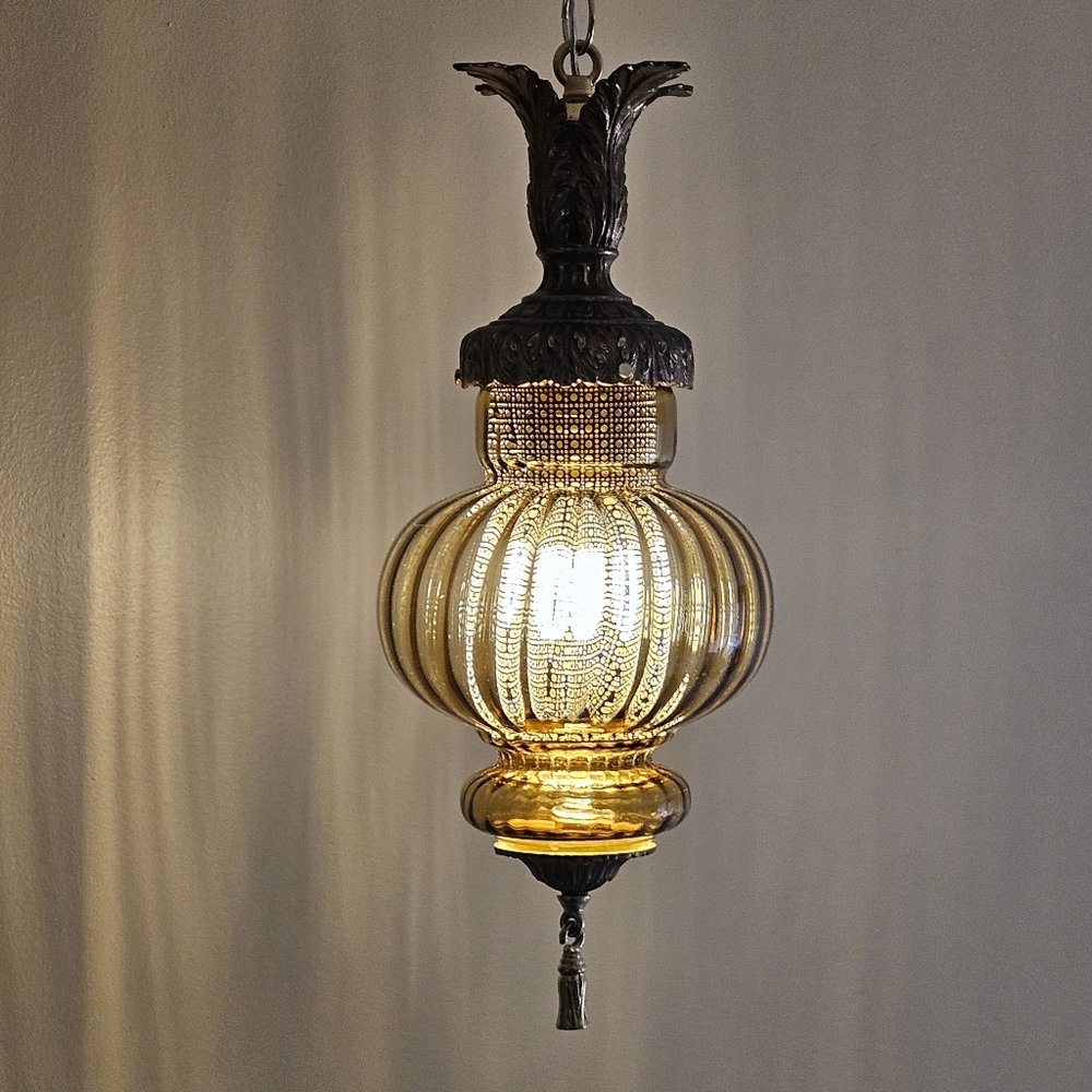 GOLDEN YELLOW Falkenstein Glass Hanging Antique Light Swag Lamp Retro Globe